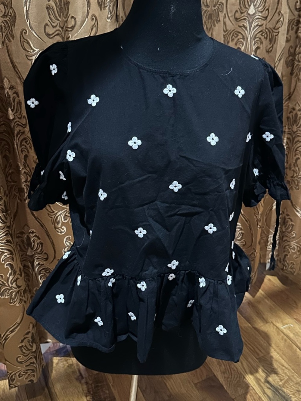 SOLD! Alice Blue Black Peplum Top with White Floral Accents